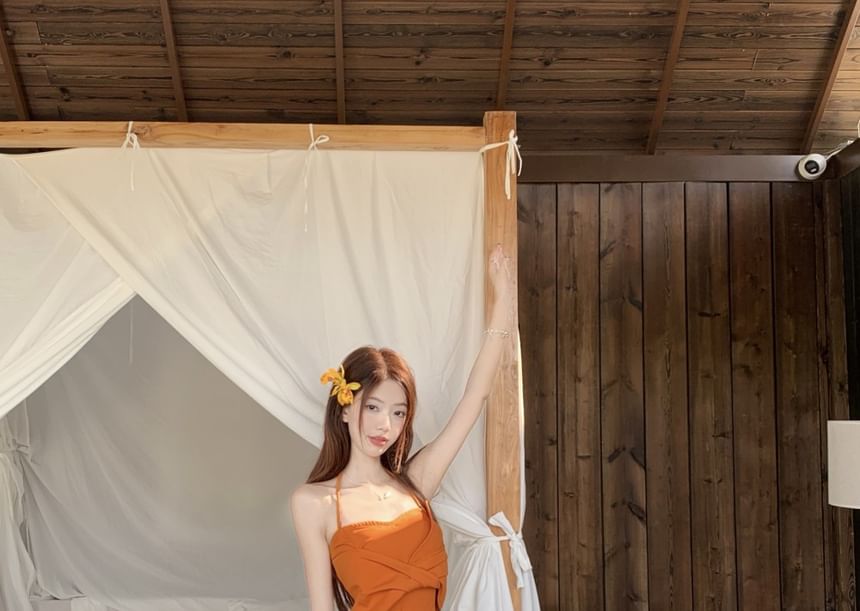 Wrap Fit Knot Tie Rise / Top Halter Skirt A-Line Slim Dye Maxi Crop Plain Cami Mid