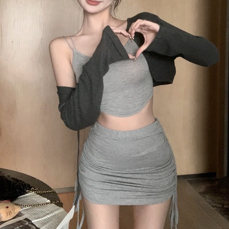 Mini Cardigan Set Crop Skirt Elastic Camisole Fit Melange Pencil Top Slim Waist Drawstring /