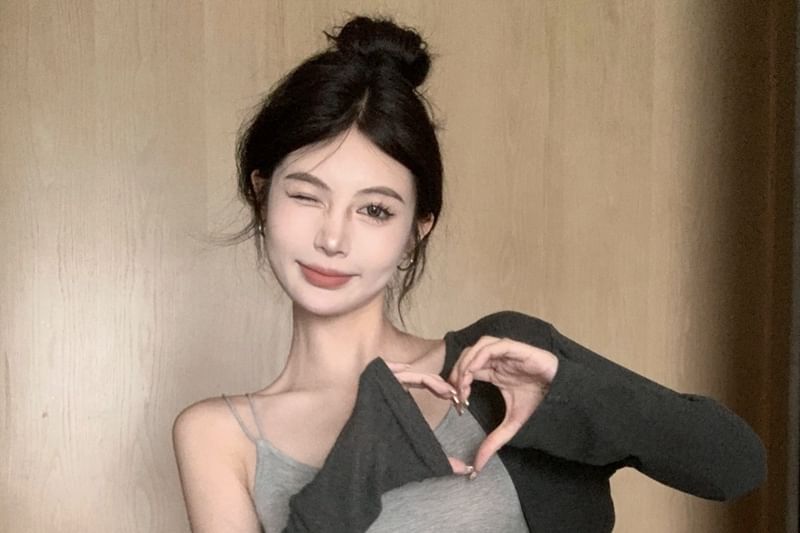 Mini Cardigan Set Crop Skirt Elastic Camisole Fit Melange Pencil Top Slim Waist Drawstring /