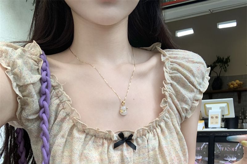 T-Shirt Trim Slim Fit Neck Short-Sleeve Ruffle Square Bow