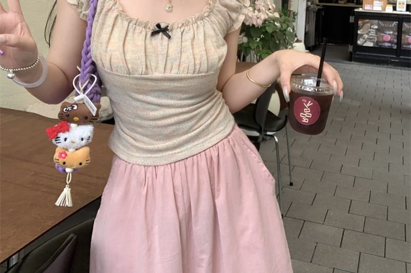 T-Shirt Trim Slim Fit Neck Short-Sleeve Ruffle Square Bow