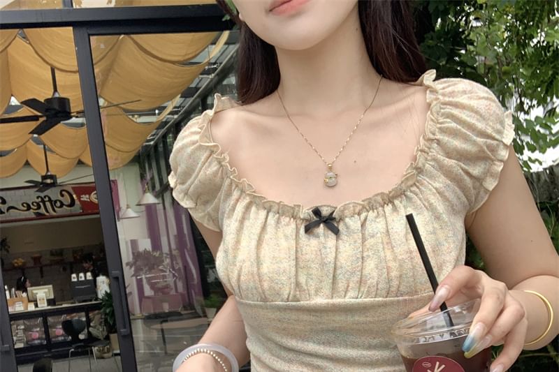 T-Shirt Trim Slim Fit Neck Short-Sleeve Ruffle Square Bow