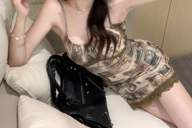 Bodycon Dress Lace Spaghetti Print Mini Strap Trim