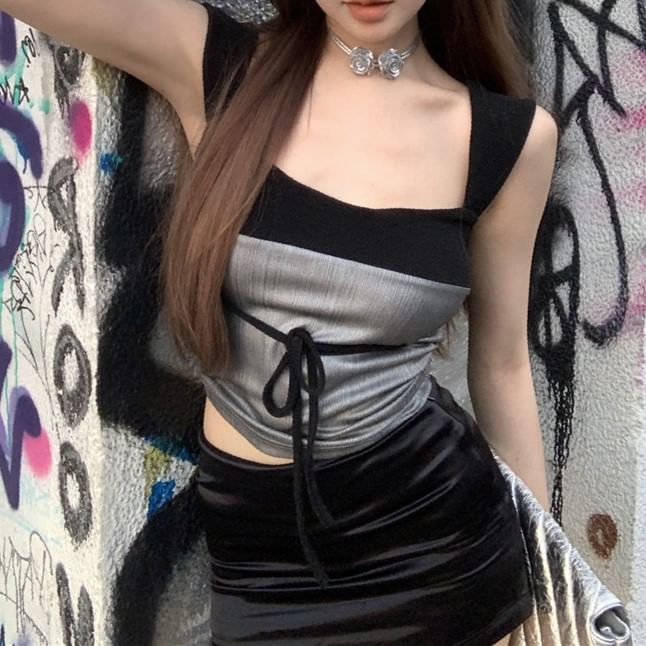 Two Crop Tone Tank Bow Top Square Slim Fit Neck