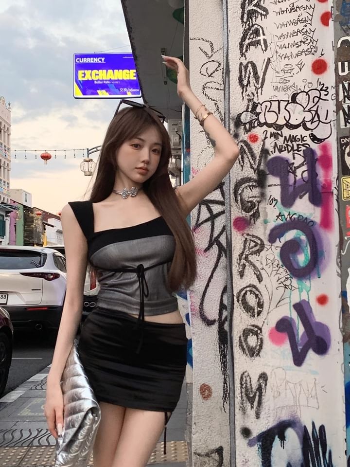 Two Crop Tone Tank Bow Top Square Slim Fit Neck