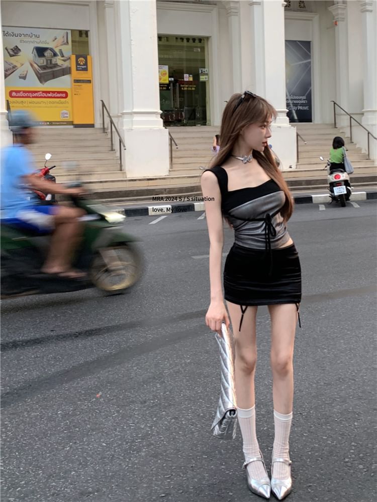 Two Crop Tone Tank Bow Top Square Slim Fit Neck