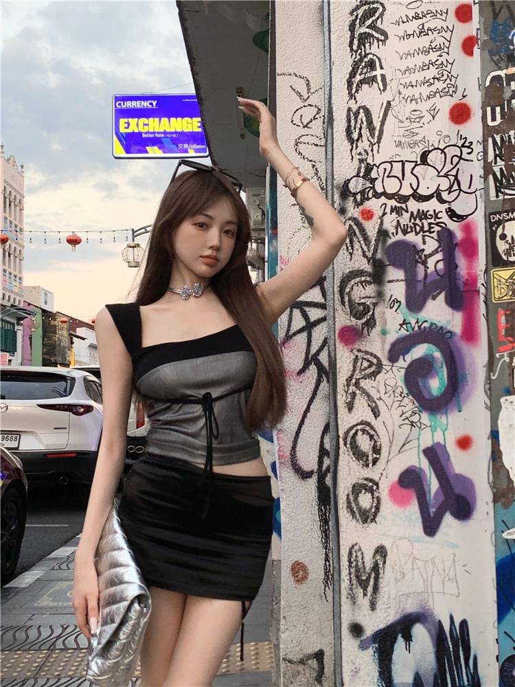 Two Crop Tone Tank Bow Top Square Slim Fit Neck