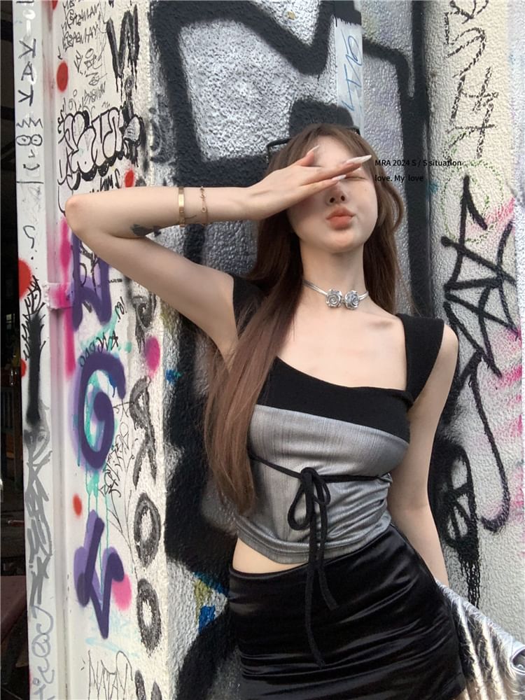 Two Crop Tone Tank Bow Top Square Slim Fit Neck