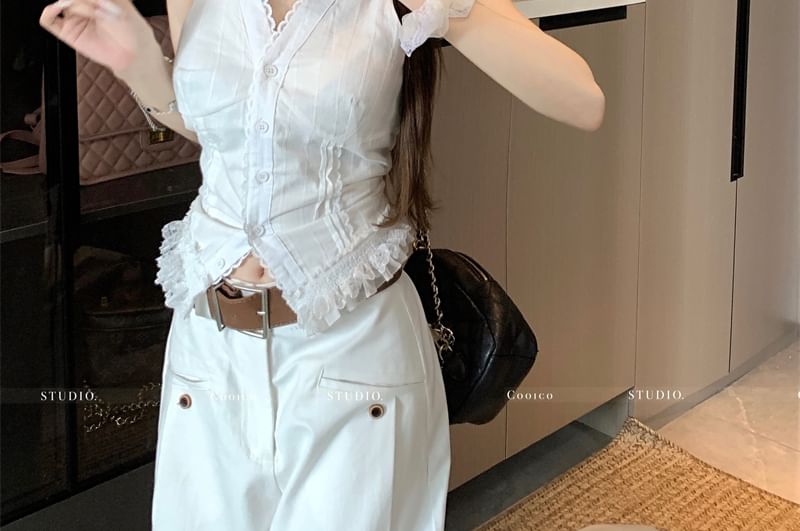 Slim V-Neck Button Top Tank Lace Fit Plain Trim