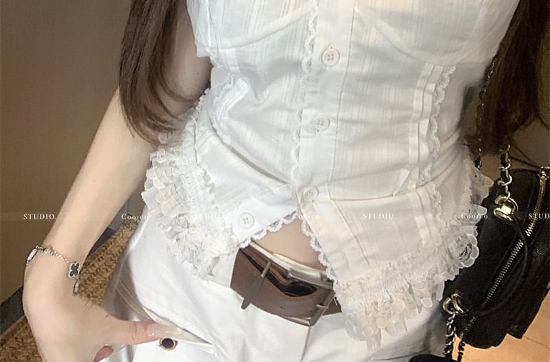 Slim V-Neck Button Top Tank Lace Fit Plain Trim