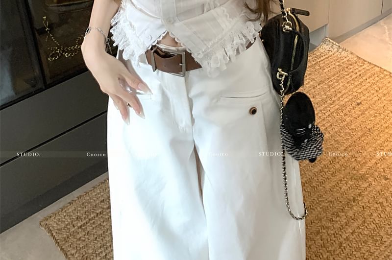 Slim V-Neck Button Top Tank Lace Fit Plain Trim