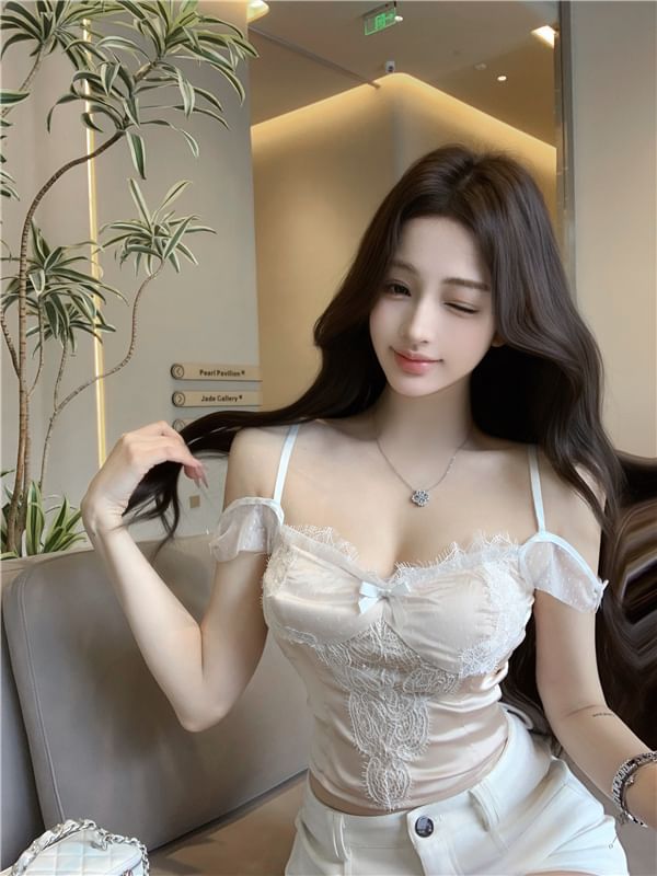 Camisole Lace Crop Top Panel Slim Bow Fit