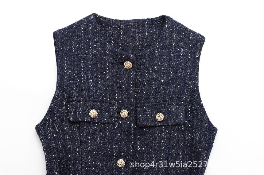 Round Neck Tweed Button Vest