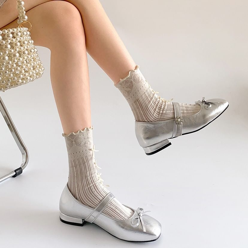 Jane Leather Mary Toe Low Faux Pumps Bow Square Heel