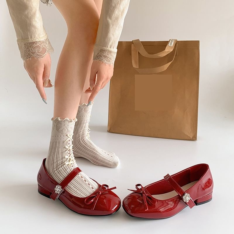 Jane Leather Mary Toe Low Faux Pumps Bow Square Heel