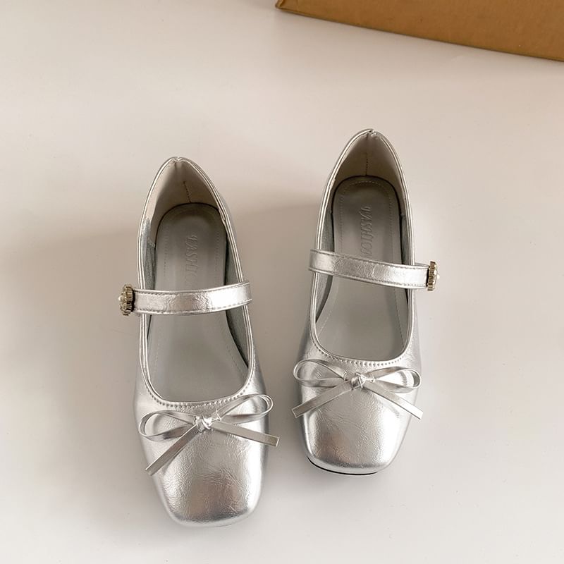 Jane Leather Mary Toe Low Faux Pumps Bow Square Heel