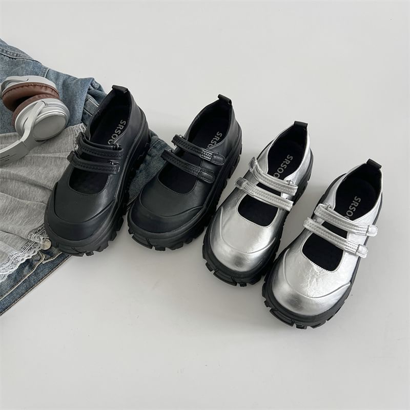 Strap Adhesive Faux Platform Jane Shoes Leather Mary