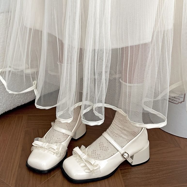 Square Jane Heel Trim Pumps Mary Bow Frill Toe Chunky