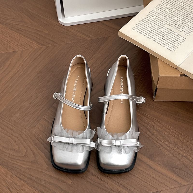 Square Jane Heel Trim Pumps Mary Bow Frill Toe Chunky