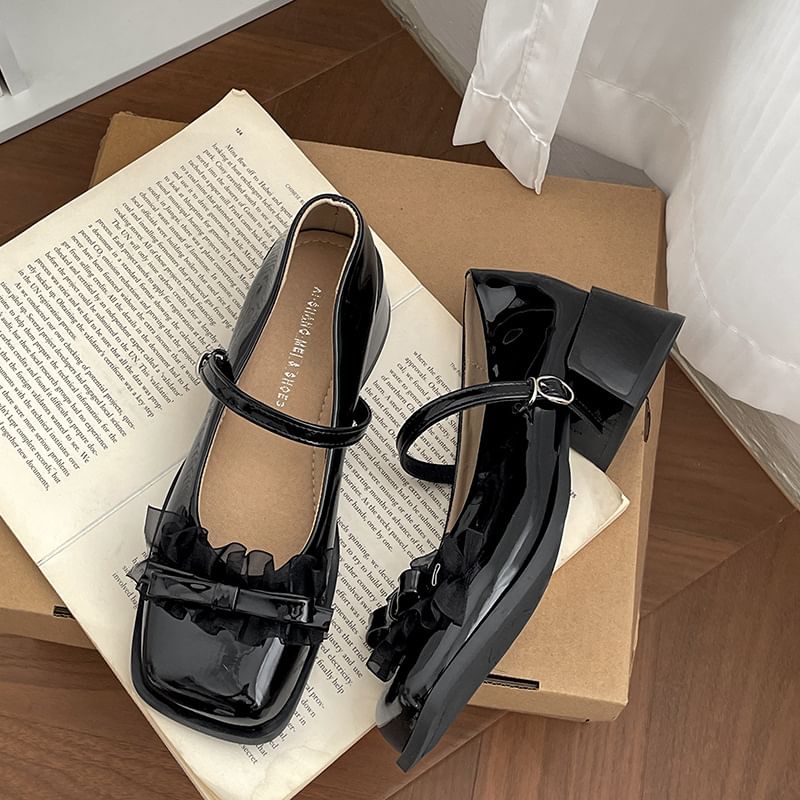Square Jane Heel Trim Pumps Mary Bow Frill Toe Chunky