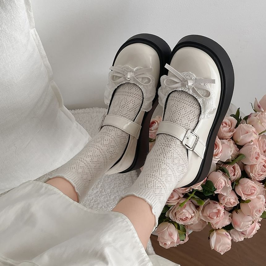 Jane Bow Leather Mary Trim Lace Platform Patent Shoes