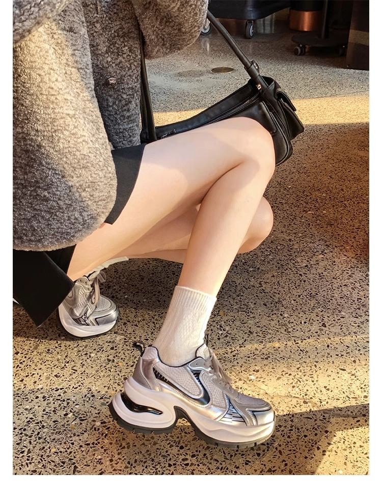 Platform Leather Lace-Up Mesh Sneakers Panel Genuine