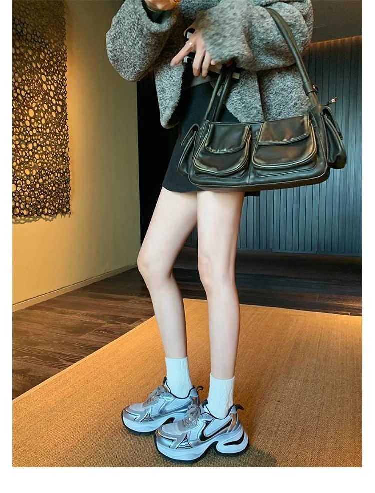 Platform Leather Lace-Up Mesh Sneakers Panel Genuine