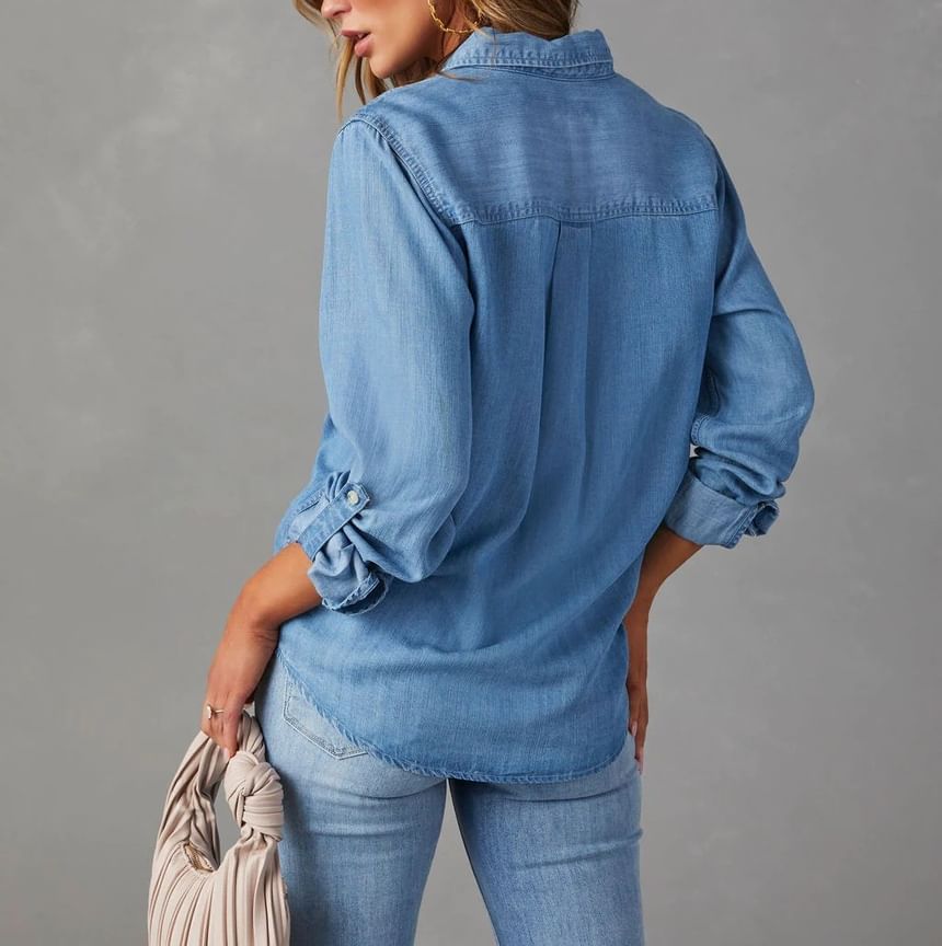 Sleeve Loose-Fit Long Denim V-Neck Shirt