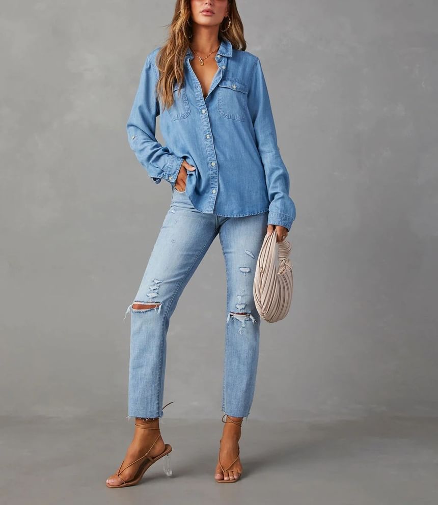 Sleeve Loose-Fit Long Denim V-Neck Shirt