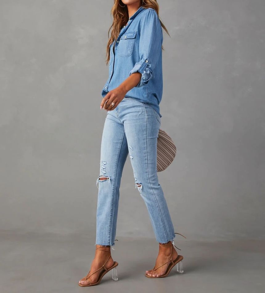 Sleeve Loose-Fit Long Denim V-Neck Shirt