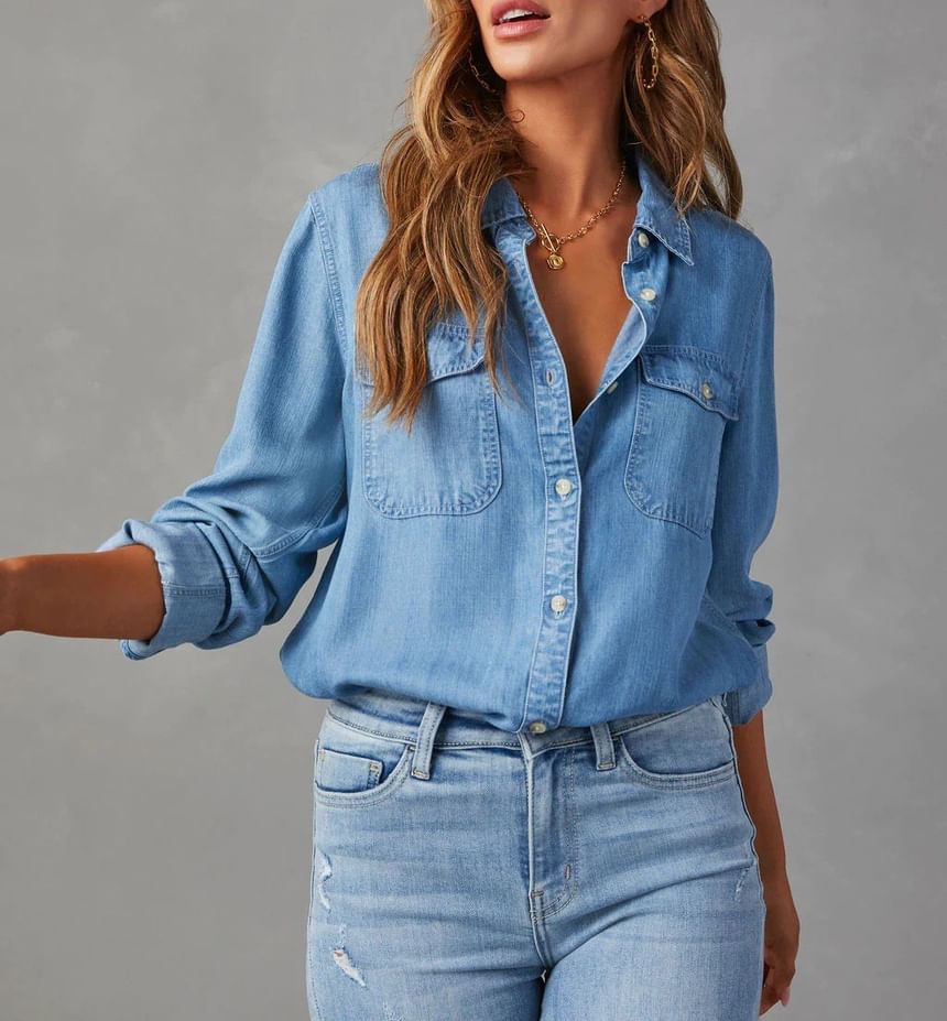 Sleeve Loose-Fit Long Denim V-Neck Shirt