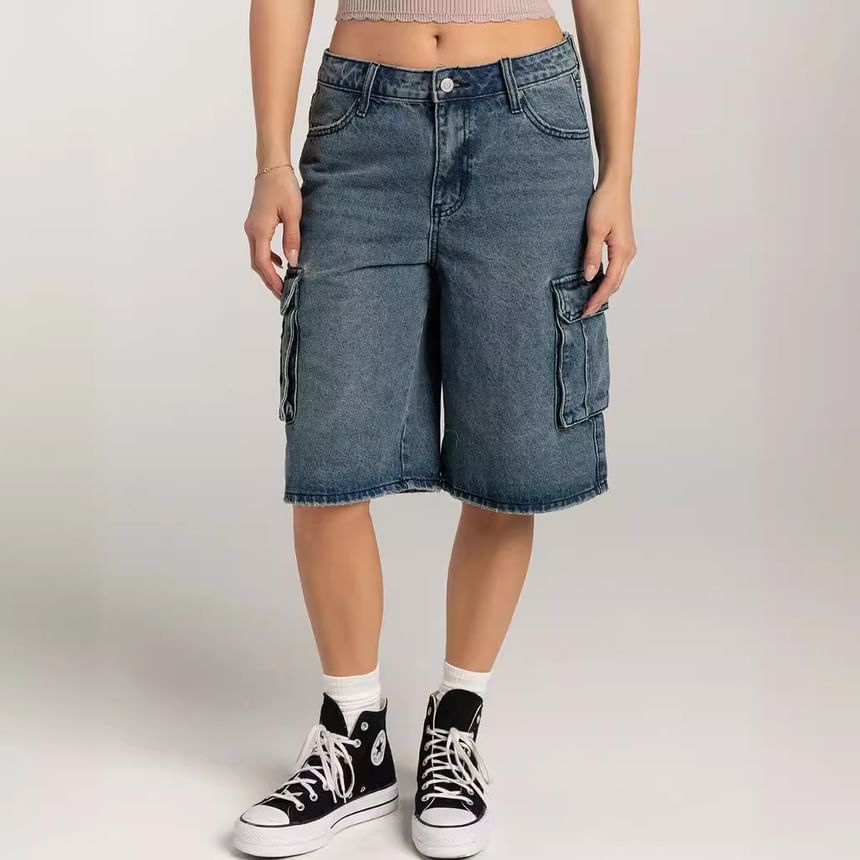 Pocket Denim Wide-Leg Waist Shorts Washed Low
