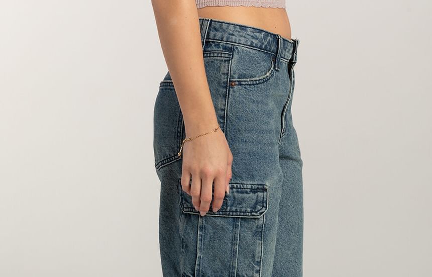 Pocket Denim Wide-Leg Waist Shorts Washed Low