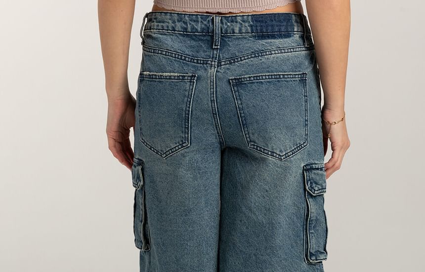 Pocket Denim Wide-Leg Waist Shorts Washed Low