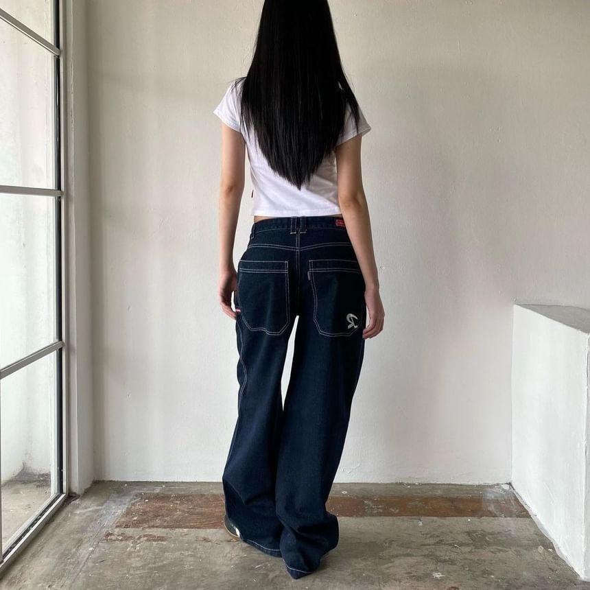 Loose-Fit Washed Low Wide-Leg Rise Jeans