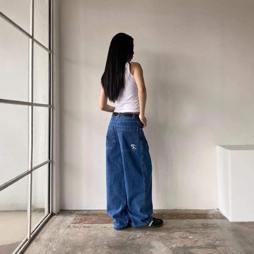 Washed Wide-Leg Loose-Fit Rise Low Jeans