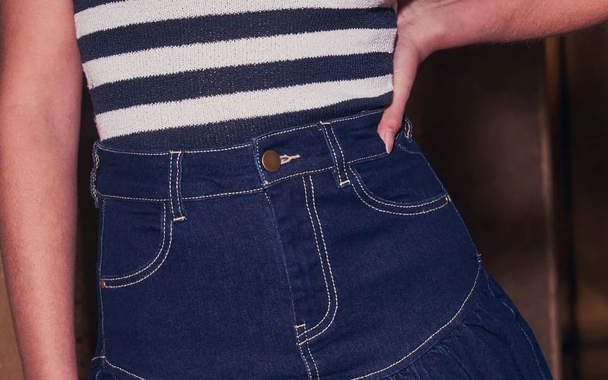 / Cropped A-Line Waist Sleeve Mini Zip-Up Jacket Long Skirt Washed High Denim