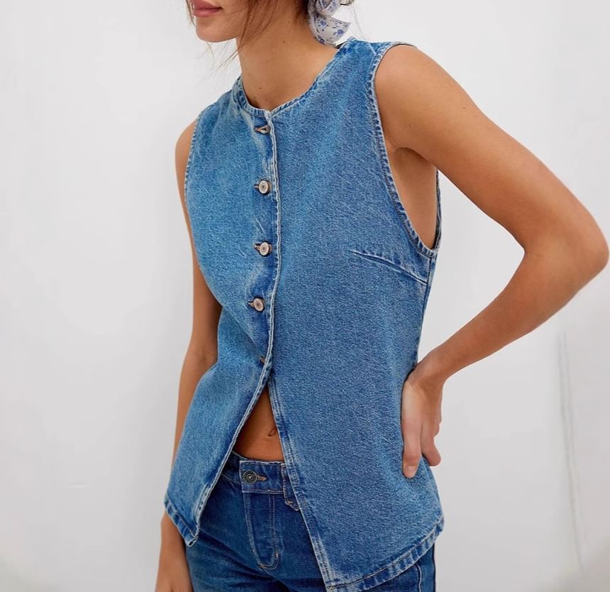 Button-Up Tank Slim-Fit Washed Denim Top