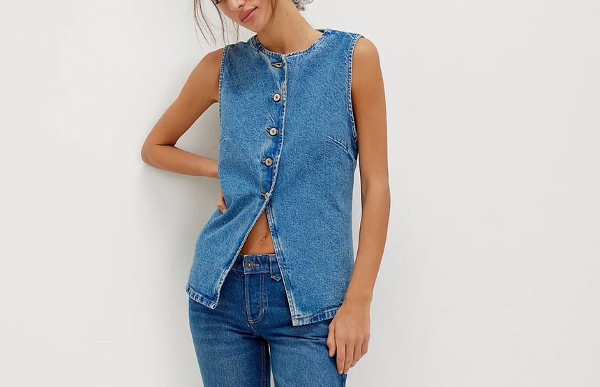 Button-Up Tank Slim-Fit Washed Denim Top