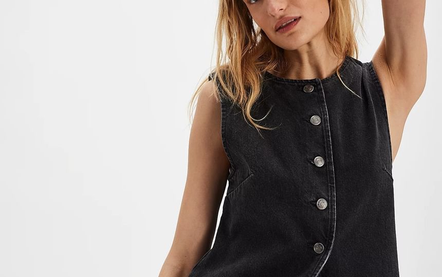 Button-Up Tank Slim-Fit Washed Denim Top