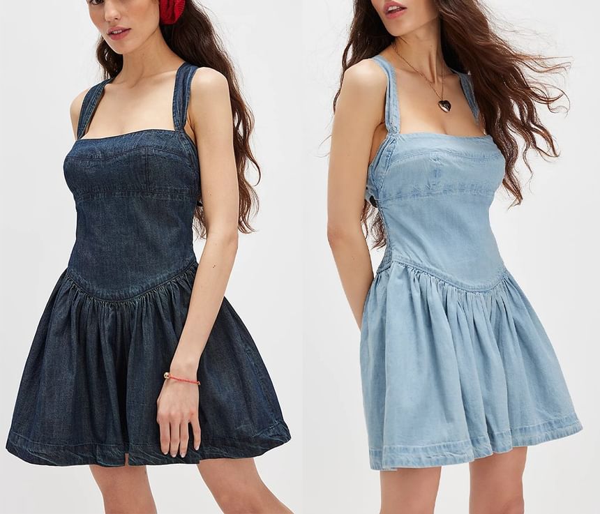 Dress Denim Mini Sleeveless Slim-Fit Washed Square-Neck