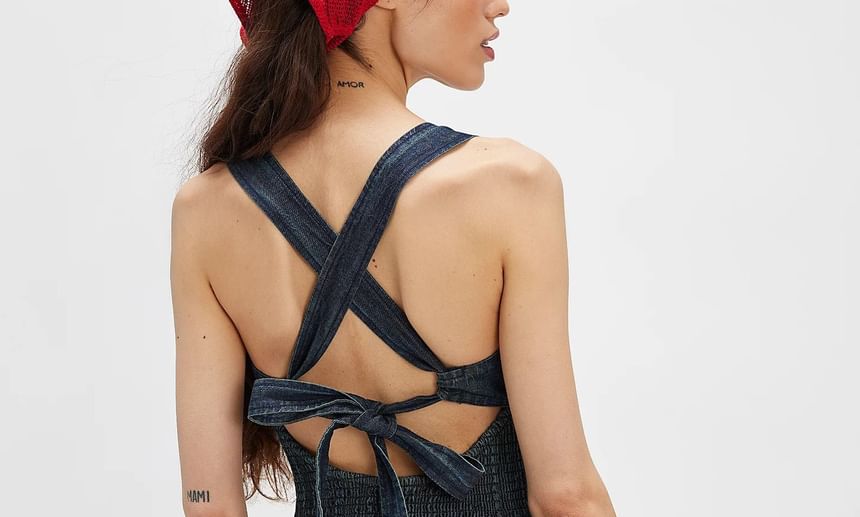 Sleeveless Square-Neck Washed Slim-Fit Mini Denim Dress