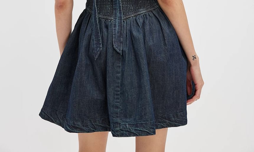 Dress Denim Mini Sleeveless Slim-Fit Washed Square-Neck