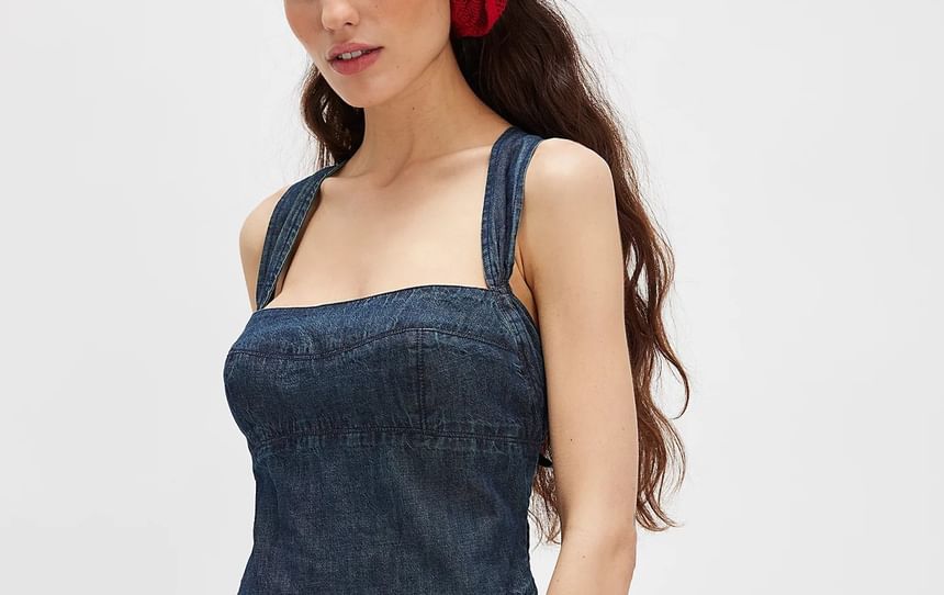 Dress Denim Mini Sleeveless Slim-Fit Washed Square-Neck