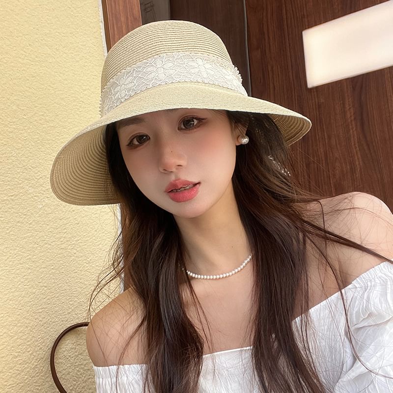Ribbon Hat Bucket Lace Straw