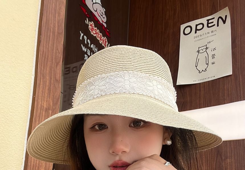Ribbon Hat Bucket Lace Straw