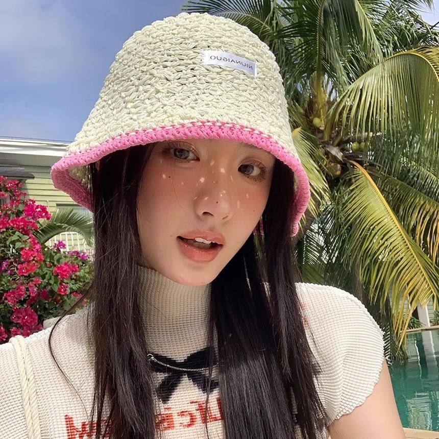 Applique Lettering Trim Contrast Knit Hat Bucket