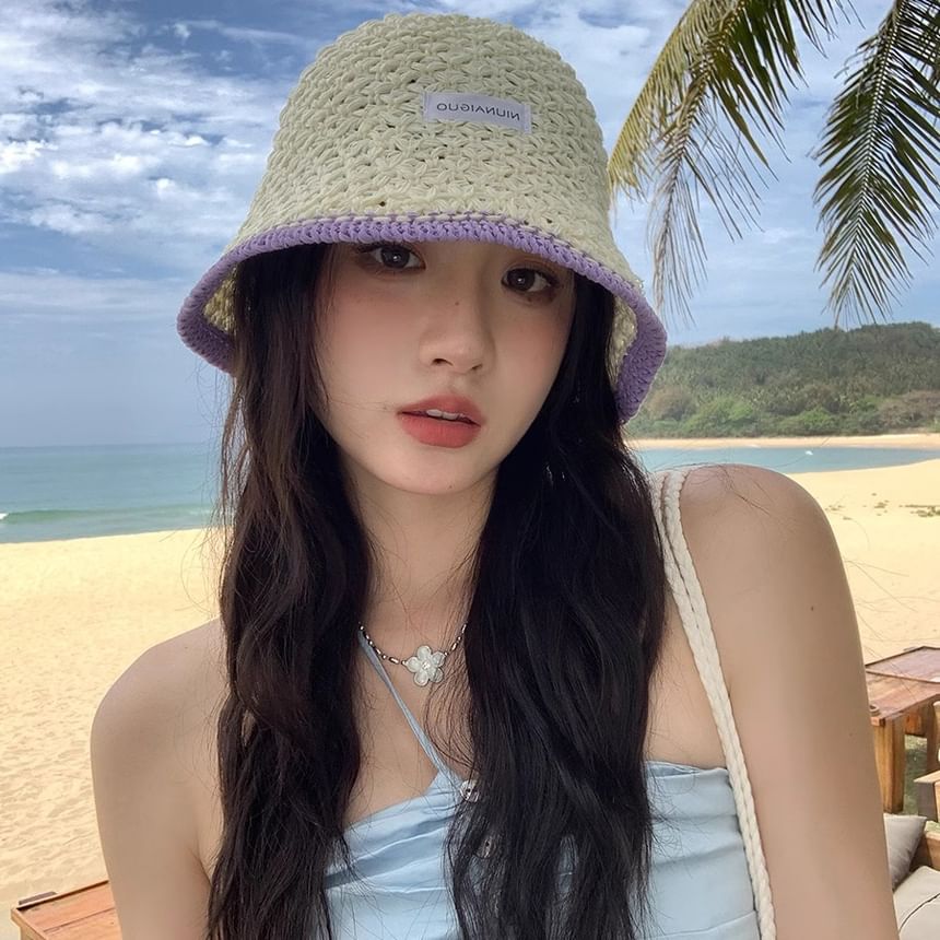 Applique Lettering Trim Contrast Knit Hat Bucket