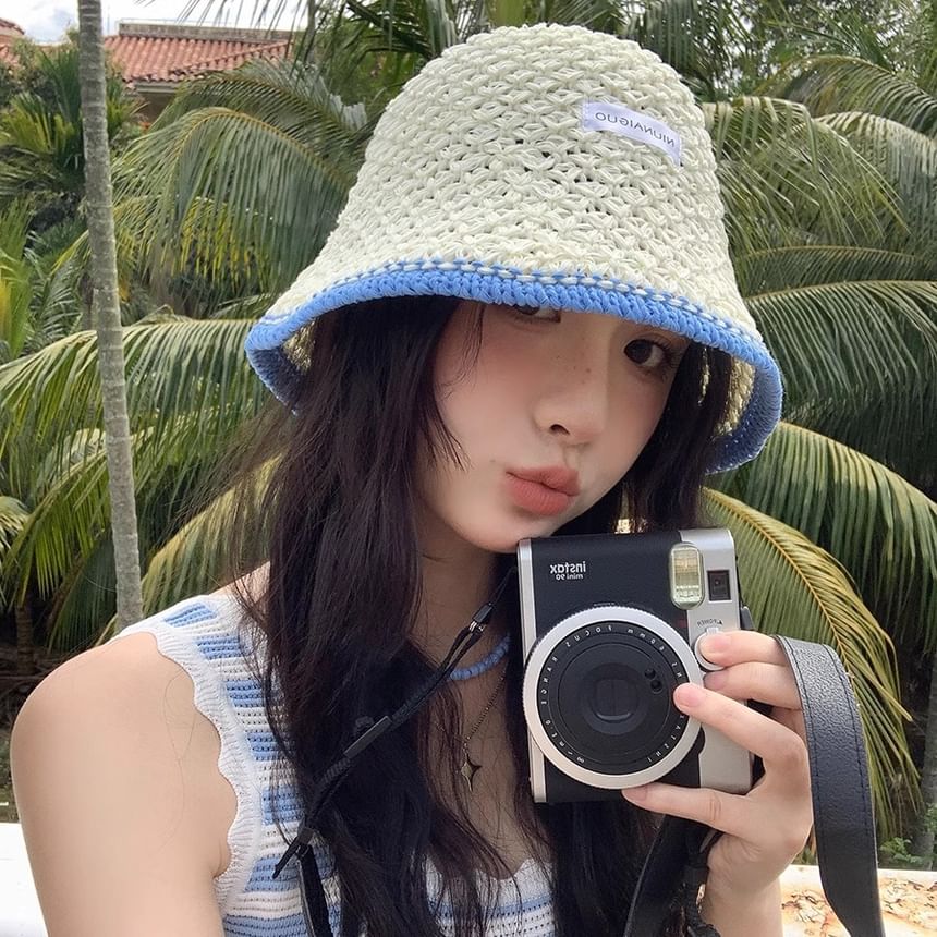 Applique Lettering Trim Contrast Knit Hat Bucket