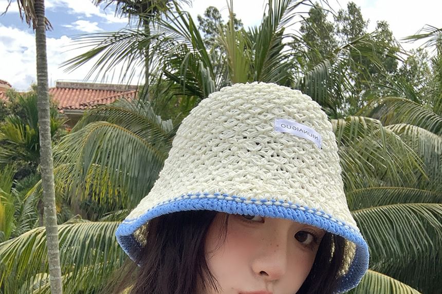 Applique Lettering Trim Contrast Knit Hat Bucket